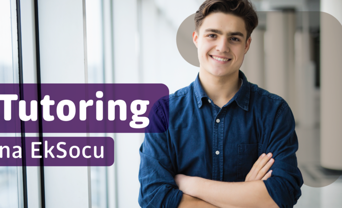 chłopak na tle korytarza, napis tutoring na eksocu 