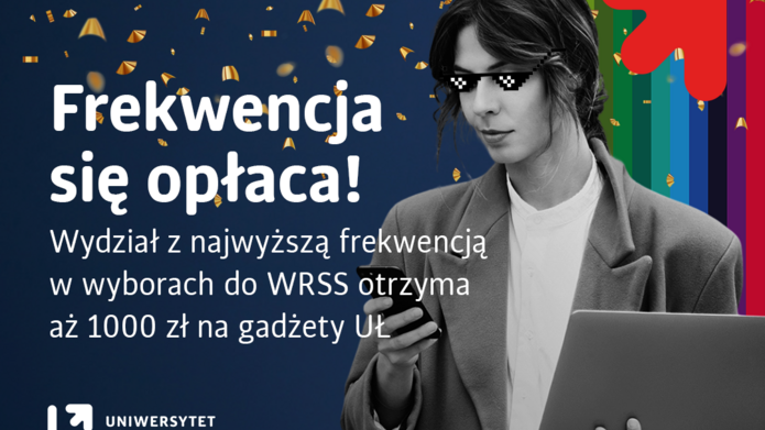 grafika dotycząca konkursu dla studentów na granatowym tle młody mężczyzna o ciemnych włosach