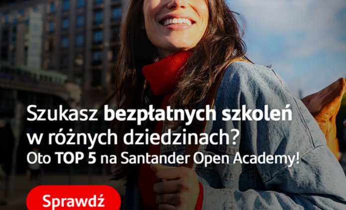 młoda kobieta z długimi brązowymi włosami na tle budynku. Pod spodem widnieje napis na obrazku: Szukasz bezpłatnych szkoleń w różnych dziedzinach? Oto top 5 na Santander Open Academy