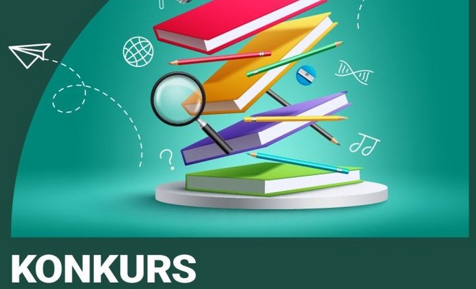 Grafika promująca konkurs organizowany przez Urząd Marszałkowski Województwa Łódzkiego. Tło ma odcienie zieleni i turkusu. W centralnej części znajduje się kompozycja unoszących się przedmiotów związanych z edukacją: kilka kolorowych książek ułożonych jedna nad drugą, lupa, ołówki i długopisy, żarówka symbolizująca pomysł oraz czapka absolwenta (biret). Wokół widoczne są drobne elementy graficzne, takie jak papierowe samoloty, linie przerywane i symbole nauki oraz sztuki. Na dole grafiki widnieje duży napis: „KONKURS Marszałka Województwa Łódzkiego”. Poniżej znajduje się informacja: „Najlepsze prace związane z województwem łódzkim”. W lewym górnym rogu umieszczone jest logo „Łódzkie – Urząd Marszałkowski”. Sens grafiki: Grafika zachęca do udziału w konkursie dotyczącym województwa łódzkiego, skierowanym prawdopodobnie do uczniów lub studentów, związanym z edukacją i twórczością.