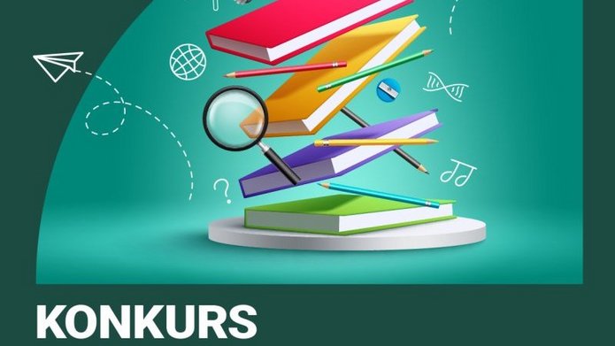 Grafika promująca konkurs organizowany przez Urząd Marszałkowski Województwa Łódzkiego. Tło ma odcienie zieleni i turkusu. W centralnej części znajduje się kompozycja unoszących się przedmiotów związanych z edukacją: kilka kolorowych książek ułożonych jedna nad drugą, lupa, ołówki i długopisy, żarówka symbolizująca pomysł oraz czapka absolwenta (biret). Wokół widoczne są drobne elementy graficzne, takie jak papierowe samoloty, linie przerywane i symbole nauki oraz sztuki. Na dole grafiki widnieje duży napis: „KONKURS Marszałka Województwa Łódzkiego”. Poniżej znajduje się informacja: „Najlepsze prace związane z województwem łódzkim”. W lewym górnym rogu umieszczone jest logo „Łódzkie – Urząd Marszałkowski”. Sens grafiki: Grafika zachęca do udziału w konkursie dotyczącym województwa łódzkiego, skierowanym prawdopodobnie do uczniów lub studentów, związanym z edukacją i twórczością.