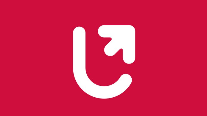 Białe logo na różowym tle, litera U ze strzałką