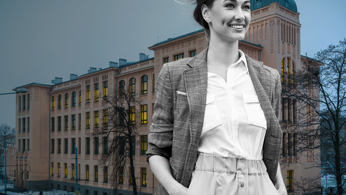 grafika przedstawia na pierwszym planie zdjęcie młodej kobiety utrzymanej w kolorystyce monochromatycznej stojącej na tle kolorowego zdjęcia budynku rektoratu Uniwersytetu Łódzkiego
