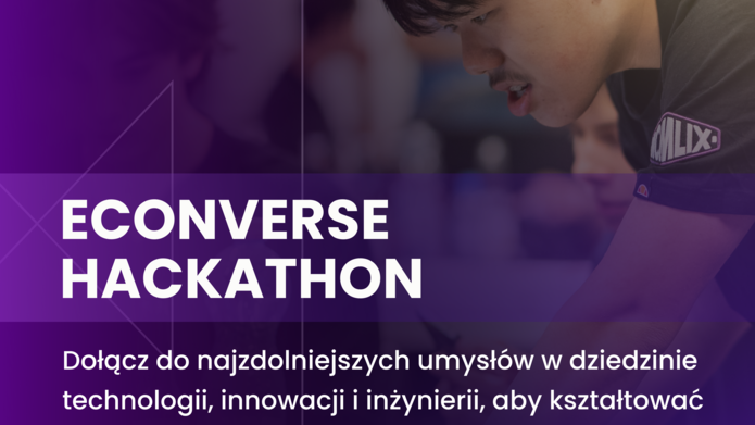 kolorowy plakat utrzymany głównie w tonacji fioletu promujący wydarzenie Econverse Hackathon