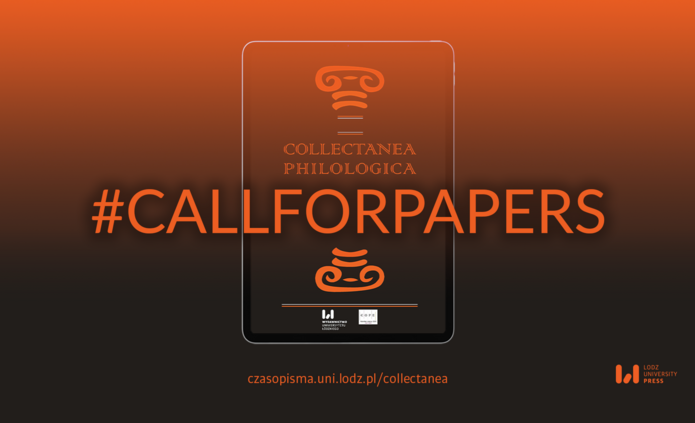 Grafika ma ciemnopomarańczowe tło przechodzące w czerń, na którym widnieje ilustracja tabletu z okładką czasopisma "Collectanea Philologica" oraz duży napis "#CALLFORPAPERS" w jaskrawym pomarańczowym kolorze.