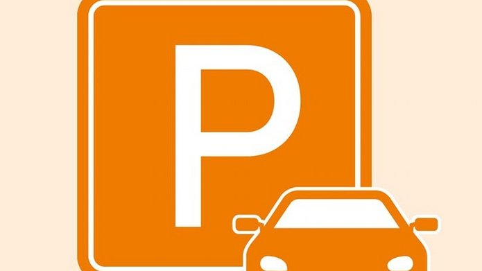 pomarańczowa litera "P" oznaczająca parking, obok z prawej strony pomarańczowy samochód