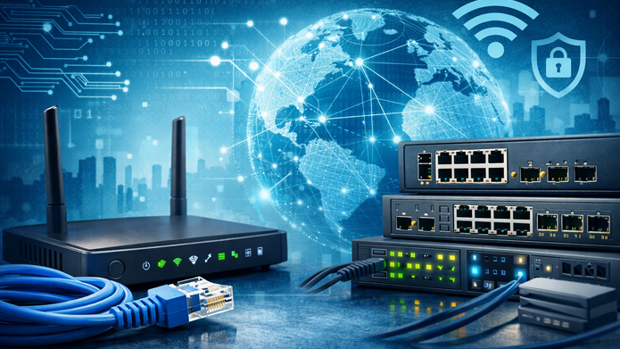 Grafika przedstawia nowoczesną infrastrukturę sieci komputerowej. Na pierwszym planie znajduje się czarny router Wi-Fi z dwiema antenami oraz niebieski kabel Ethernet zakończony wtyczką RJ-45. Obok widoczne są urządzenia sieciowe typu switch z wieloma portami i świecącymi diodami sygnalizującymi aktywność sieci. W tle znajduje się cyfrowa wizualizacja globu ziemskiego połączonego liniami symbolizującymi sieć internetową i globalną komunikację. Na niebieskim, technologicznym tle widoczne są również elementy grafiki symbolizujące bezpieczeństwo i łączność, takie jak ikona sygnału Wi-Fi oraz tarcza z kłódką. Całość utrzymana jest w niebieskiej kolorystyce i nawiązuje do technologii sieci komputerowych, transmisji danych oraz infrastruktury internetowej.