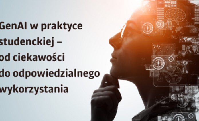 Zamyślona kobieta i napis GenAI w praktyce studenckiej – od ciekawości do odpowiedzialnego wykorzystania