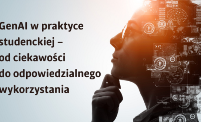 Zamyślona kobieta i napis GenAI w praktyce studenckiej – od ciekawości do odpowiedzialnego wykorzystania