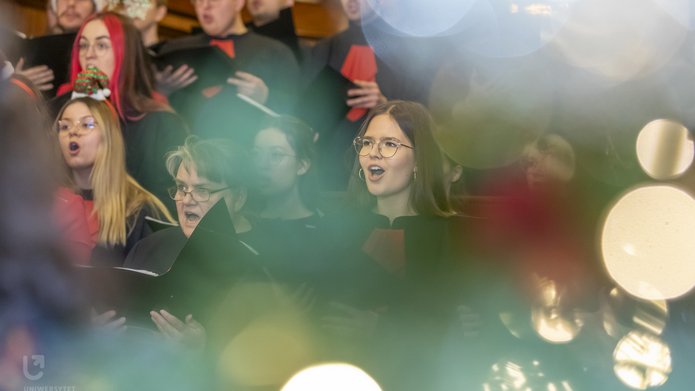 Na zdjęciu widać chór ludzi w trakcie śpiewu. Na pierwszym planie widoczne są rozmyte światła lampek choinkowych i fragmenty gałązek. 