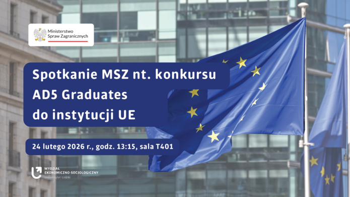 Flaga unii europejskiej i napis zachęcający do spotkania z MSZ