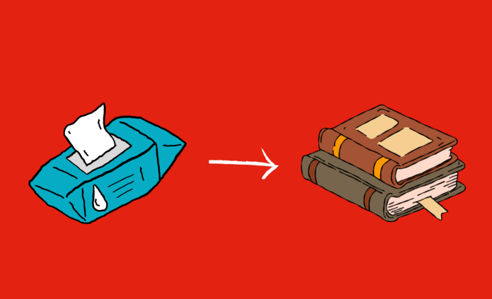 paczka chusteczek nawilżanych oraz dwie książki na czerwonym tle.