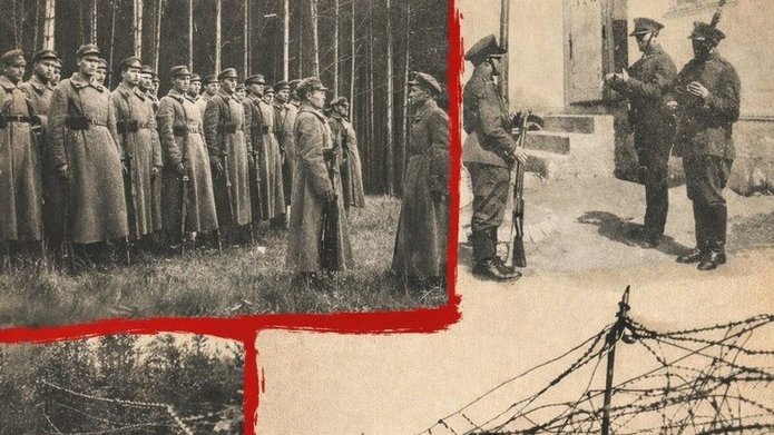 Plakat promujący wykład pt. „Historia granicy polsko-radzieckiej na Białorusi w latach 1921–1939. Ludzie, wydarzenia, fakty”. Na beżowym tle umieszczono trzy czarno-białe fotografie: żołnierzy stojących w lesie w szeregu, grupy żołnierzy przy budynku oraz fragmentu granicy z drutem kolczastym. Na dole znajdują się informacje o wydarzeniu: data 16 kwietnia 2026, godz. 15.15, miejsce – Wydział Studiów Międzynarodowych i Politologicznych UŁ, sala A3.