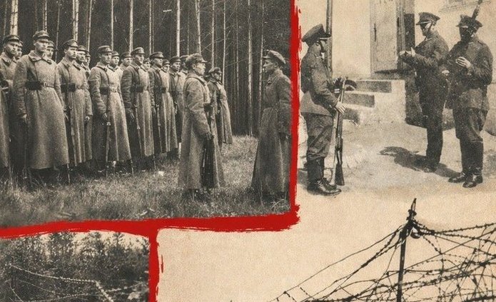 Plakat promujący wykład pt. „Historia granicy polsko-radzieckiej na Białorusi w latach 1921–1939. Ludzie, wydarzenia, fakty”. Na beżowym tle umieszczono trzy czarno-białe fotografie: żołnierzy stojących w lesie w szeregu, grupy żołnierzy przy budynku oraz fragmentu granicy z drutem kolczastym. Na dole znajdują się informacje o wydarzeniu: data 16 kwietnia 2026, godz. 15.15, miejsce – Wydział Studiów Międzynarodowych i Politologicznych UŁ, sala A3.