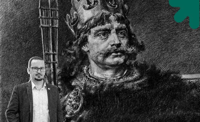 Grafika przedstawiająca Bolesława Chrobrego i profesora Adriana Jusupovića