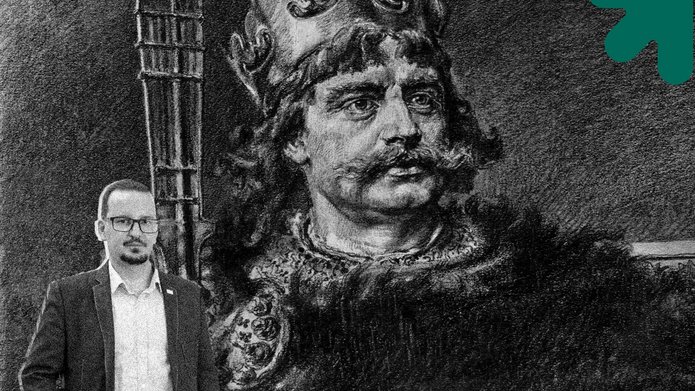 Grafika przedstawiająca Bolesława Chrobrego i profesora Adriana Jusupovića