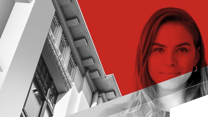grafika przedstawiająca fragment budynku i twarz kobiety