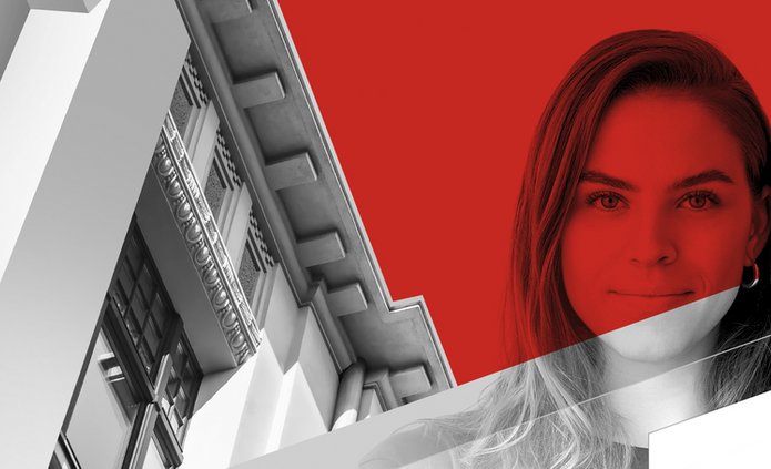 grafika przedstawiająca fragment budynku i twarz kobiety