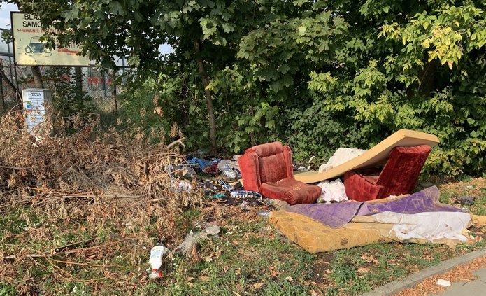 Widok dzikiego wysypiska na terenie zielonym