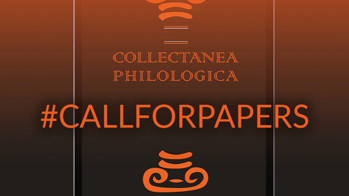 Grafika ma ciemnopomarańczowe tło przechodzące w czerń, na którym widnieje ilustracja tabletu z okładką czasopisma "Collectanea Philologica" oraz duży napis "#CALLFORPAPERS" w jaskrawym pomarańczowym kolorze.