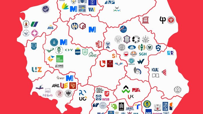 mapa Polski z logotypami uczelni, które zakwalifikowały się do Mistrzostw