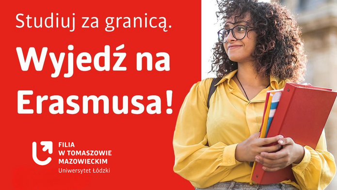 Baner z napisem studiuj za granicą wyjedź na erasmusa
