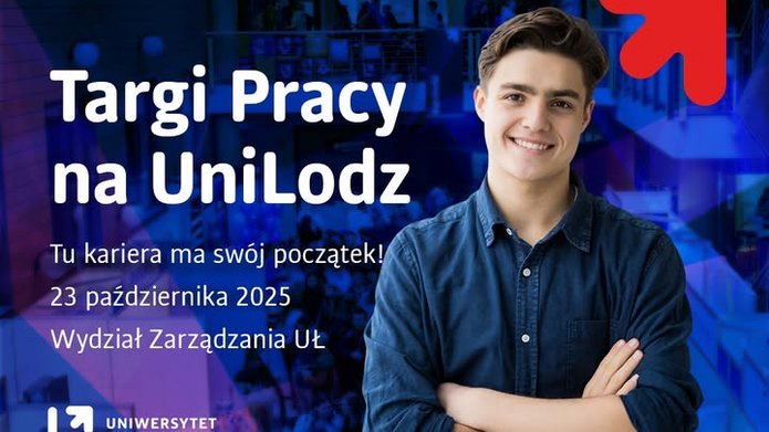 uśmiechnięty mężczyzna, napis Targi pracy na UŁ 23 października 2025