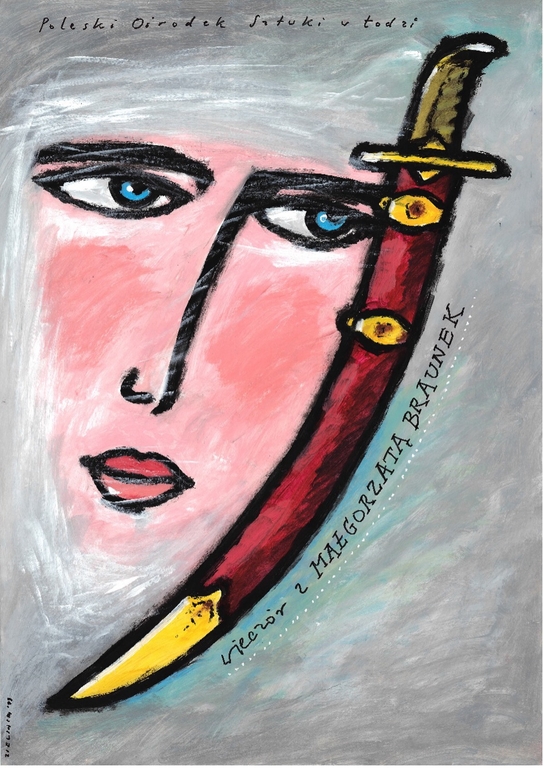 zarys kobiecej twarzy, szabla wzdłuż wizerunku