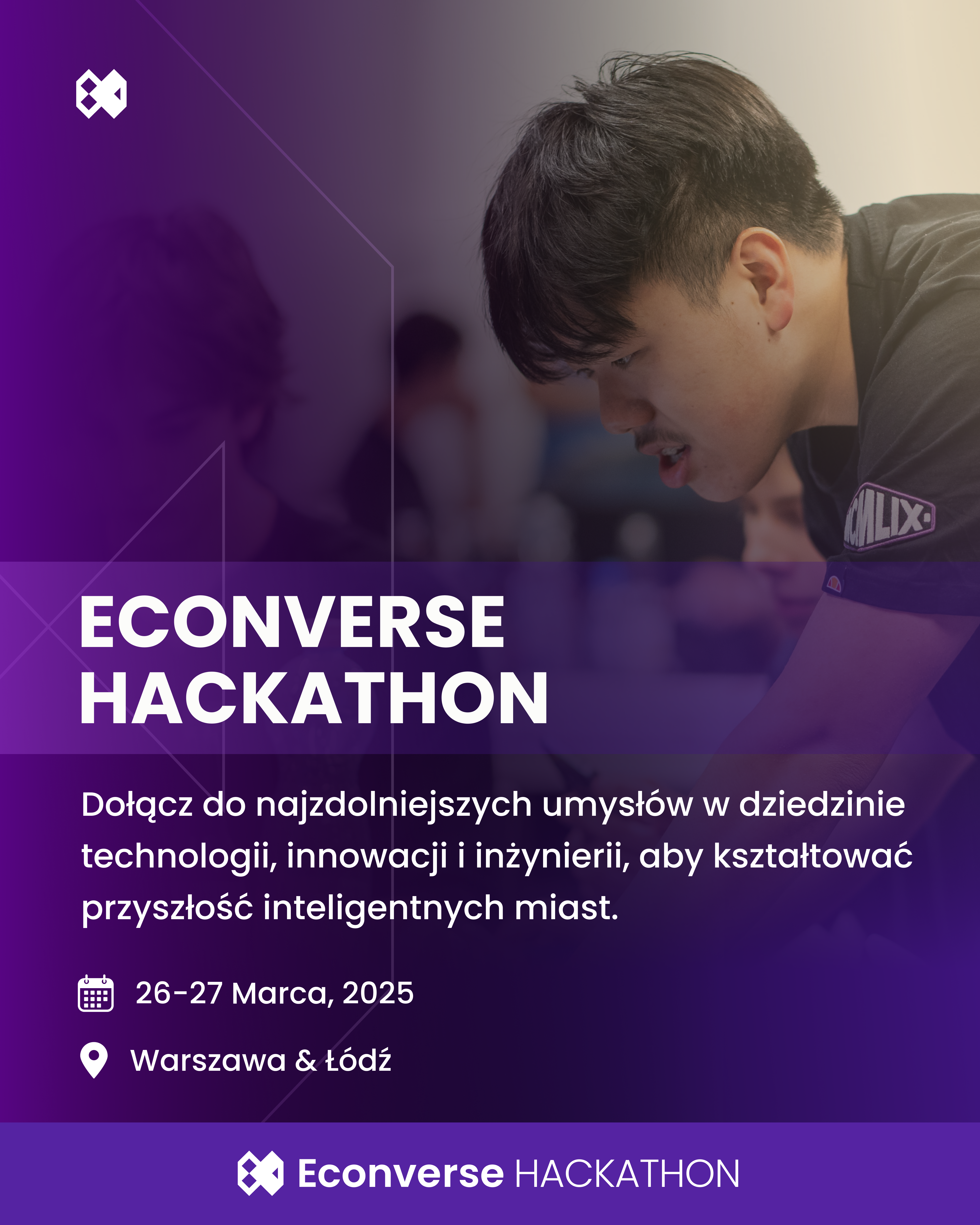 kolorowy plakat utrzymany głównie w tonacji fioletu promujący wydarzenie Econverse Hackathon