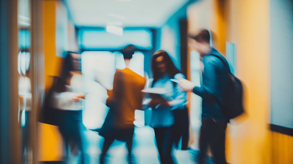 kolorowe zdjęcie przedstawiające grupę studentów rozmawiających w bibliotece