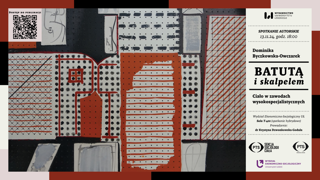 Grafika promocyjna jest podzielona na dwie części. Lewa strona to abstrakcyjny obraz w odcieniach czerwieni, czerni i bieli, z motywami kropkowanych i kratkowanych wzorów geometrycznych, przypominających schematy techniczne lub medyczne. Prawa strona zawiera tekst informacyjny dotyczący spotkania, podzielony graficznie na sekcje z prostymi liniami i czarnymi ramkami.