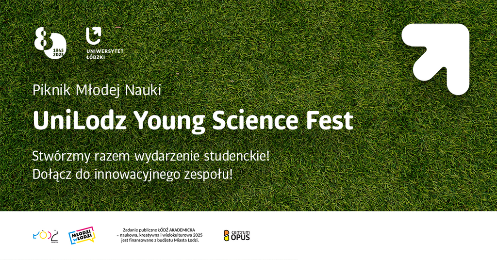 Napis: Piknik Młodej Nauki UniLodz Young Science Fest na tle zielonej trawy 